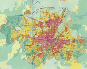 Klimafunktionskarte mit Luftströmungen (blaue Pfeile) in der heißesten Nacht | Grafik:LH München, Referat für Gesundheit und Umwelt 2014
