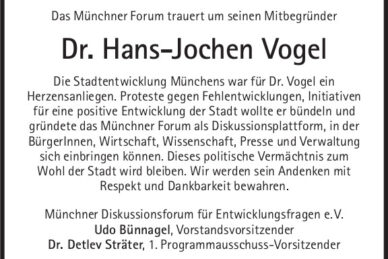 Das Münchner Forum trauert um seinen Mitbegründer Dr. Hans-Jochen Vogel