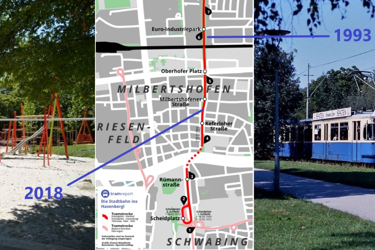 In der Mitte eine Karte der Stadtbahn ins Hasenbergl mit einem Auschnitt einer Tram rechts und einem Ausschnitt eines Spielplatzes links