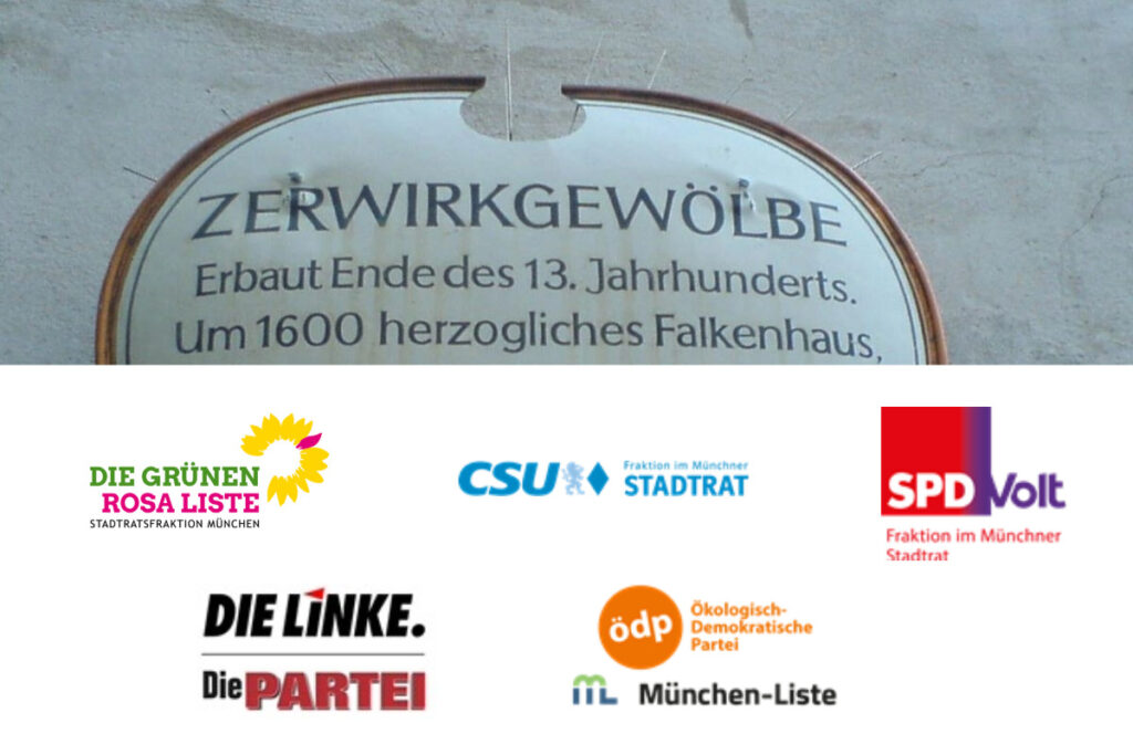Zerwirkgewölbe München und Logos der Stadtratsfraktionen