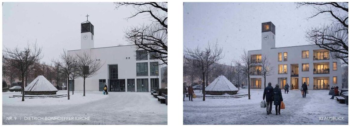 Dietrich-Bonhoeffer-Kirche, rechts: KI-Ausblick